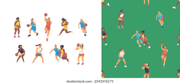 Diverse basketball player woman athlete team seamless pattern set. Colorful retro style basket ball game female players print illustration. Includes slam dunk, jump pose women background.