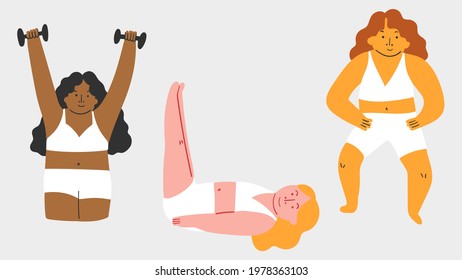 Diverse beautiful girls in sportswear. Three women go in for sports, do exercises. Cartoon vector funny illustration. Home fitness. Cheerful people in different poses isolated on white.