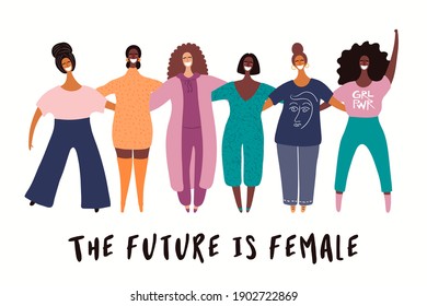 Diverse beautiful modern girls group, hugging. Hand drawn vector illustration, isolated on white. Flat style design. Concept for feminism, womens day, empowerment. Female cartoon characters.