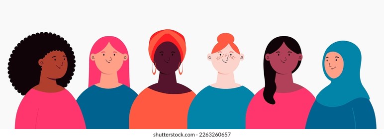 Diverse beautiful modern women, girls group. Flat style vector illustration. Female cartoon characters. Design element for 8 March, Womens Day card, banner, poster. Feminism, gender equality concept