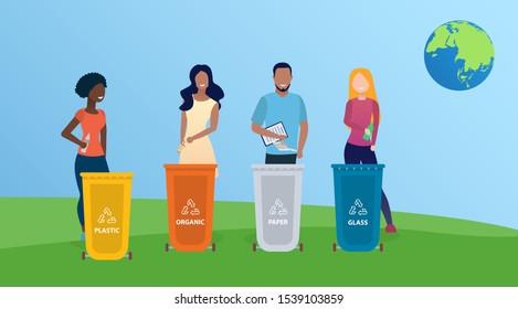 Diverse beautiful people sort garbage and set an example for everyone. Concept of save the planet. Sorting and recycling. People putting rubbish in trash bins. Poster Flat Cartoon Vector Illustration