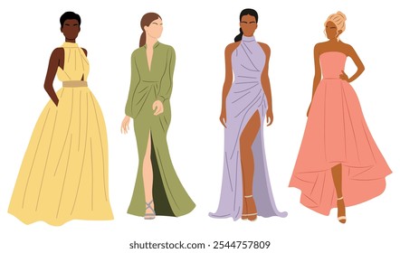 Diverse Beautiful women in evening dress for event, cocktail or party. Set of gorgeous girls in luxury clothes. Realistic vector illustrations isolated on in white background.