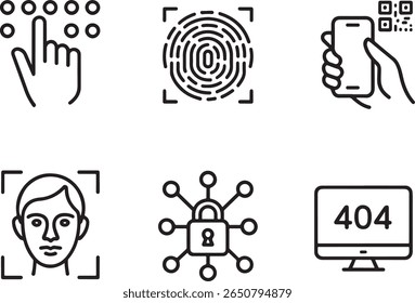 Diversos métodos de autenticação biométrica e conceitos de segurança de rede, incluindo impressão digital, ID de rosto, senha, código QR e cibersegurança
