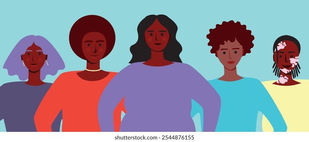 Diverse BIPOS women together as unity and feminism as international women's day concept, flat vector stock illustration