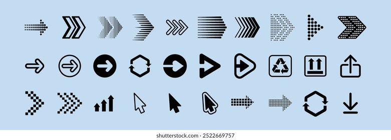 Diverse black arrow icon collection vector. Black arrow icon set vector. Set black arrow icon in various designs. Various black arrow icon vector collection.