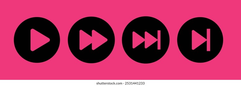 Diverse black arrow icon collection vector. Black arrow icon set, music play button vector. Set black arrow icon in various designs. Various black arrow music button icon vector collection. 