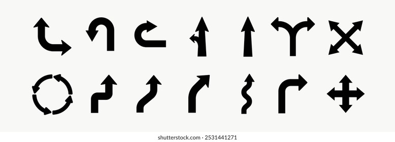 Diverse black arrow icon collection vector. Black direction arrow icon set vector. Set black arrow icon in various designs. Various black arrow icon vector collection. Direction sign set