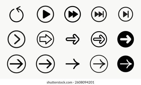 Diverse black arrow icon collection vector. Black arrow icon set, music play button vector. Set black arrow icon in various designs. Various black arrow music button icon vector collection.