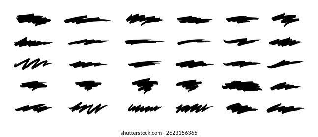 Diverse black brushstroke collection, smudges and scribbles with varying shapes, isolated for texturing and layering effects on a transparent background