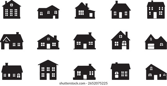 Diverse black house silhouettes with varied window designs home building