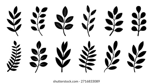Diverse black leaf silhouettes collection. Black leaf vector graphics and plant shape icons.