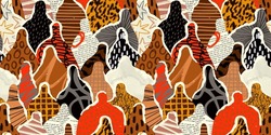 Diverse Black People Crowd Abstract Art Seamless Pattern. Ethnic Community Texture, Big Diversity Group Background Illustration In Modern Graffiti Painting Style. African American Population Concept.