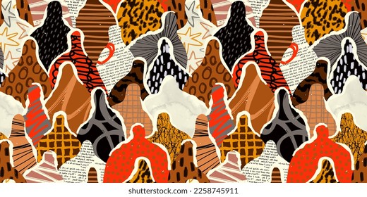 Diverse black people crowd abstract art seamless pattern. Ethnic community texture, big diversity group background illustration in modern graffiti painting style. African american population concept.