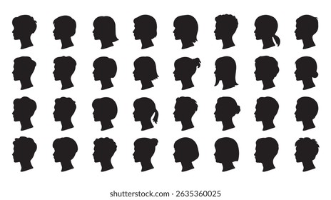 Diverse black silhouette profiles depicting various hairstyles and human head shapes