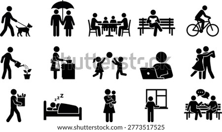 Diverse black silhouette vector icons illustrating various daily human activities and lifestyle concepts in a clean, isolated graphic design.