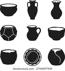 Diverse black silhouettes of ceramic and pottery containers, including bowls, vases, planters, and decorative pieces.
