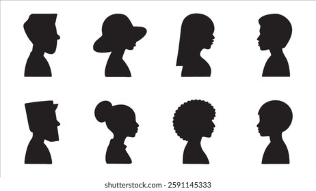 Diverse Black Silhouettes Profile Views, Hair Styles, Hats