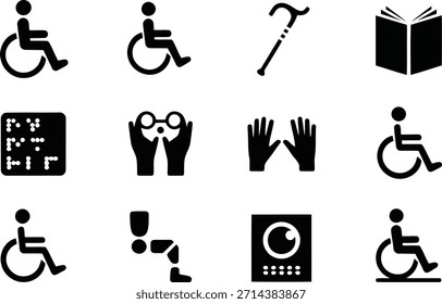 Diverse black vector icons showcasing accessibility features and disability support items like wheelchairs, canes, Braille, and vision aids.
