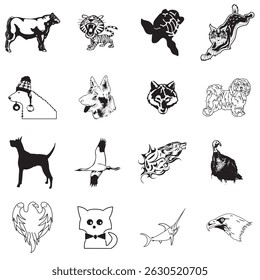 Diverse Black and White Animal Silhouettes and Line Art Collection for Wildlife, Pet, and Nature Concepts