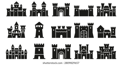 Diverse black and white castle silhouettes