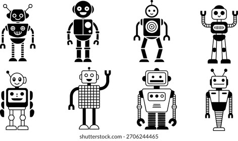 Coleção de ícones de robôs preto e branco diversificados ilustrando a tecnologia.
