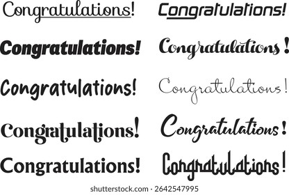 A diverse black and white set of “Congratulations” fonts, showcasing playful, formal, minimalist, and handwritten styles for versatile design use.