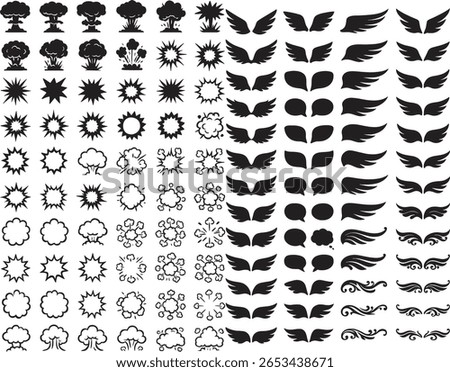 Diverse Black and White Vector Graphic Collection Featuring Explosions, Wings, and Speech Bubbles A Variety of Stylized Visual Elements for Design Projects and Creative Applications
