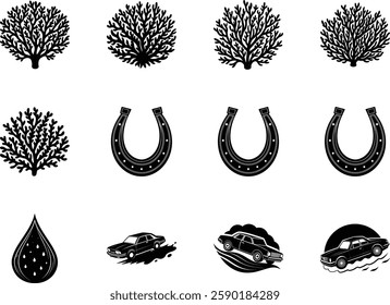 Diverse Black and White Vector Icons Coral, Horseshoe, Car, Water Drop