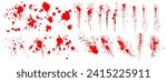 Diverse Blood Splatter Patterns Set for Crime and Horror Design Elements. Dirty collection of paint splatter imitating blood, cut marks, splashes, drops, blots, spray. Isolated on a white backgroud.