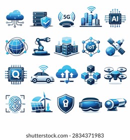 Diverse blue icons representing technology and digital innovation concepts