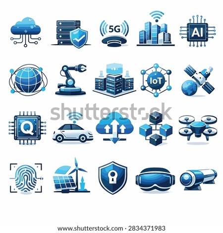 Diverse blue icons representing technology and digital innovation concepts