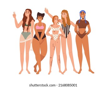 Diverse body-positive women group. Different happy girls in swimwear, bikini. Female friends portrait. Diversity, inclusion, acceptance concept. Flat vector illustration isolated on white background