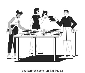 Diversos visitantes da livraria navegando livros em exibição tabela 2D caracteres de linha. Estudantes de livraria selecionando romances em livraria isolada tinta vetor delineia pessoas. Ilustração de ponto monocromático