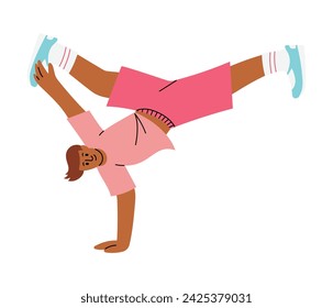 Bailarina de breakdance diversa que realiza un pie de mano con una mano y piernas giratorias. Dibujado a mano ilustración vectorial, aislado en blanco