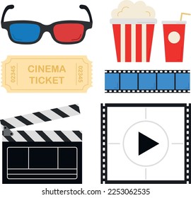 Diverse and bright cinema set, vector illustration