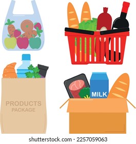 Diverse bright set of products from the store, vector illustration