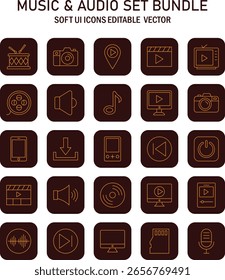 Ícones diversos de música marrom e aplicativos de áudio que proporcionam uma rica experiência digital com capacidade de edição vetorial, criando um