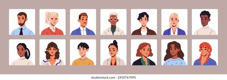 Diverse business avatars, businessmen, businesswomen set. Different people portraits, various faces of office workers, employees. Persons, heads for user profile. Flat isolated vector illustrations