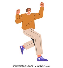 Diverse business celebration concept. An animated character exuding confidence and success in a work environment. Dancing businessman celebrating victory. Vector illustration.