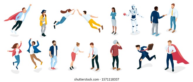 Diverse business collection people. Emotions and funny positions. Workers, hipsters, businessmen and business woman, programmers, clerks. Bionic robot. Suitable for different workplace. 3d Isometric