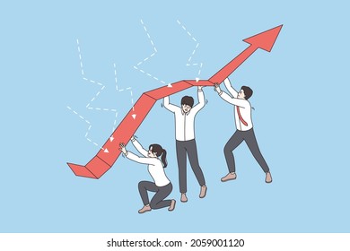 Diverse business employee hold huge arrow decreasing falling down. Team or group of colleagues coworkers cooperate in company financial crisis. Teamwork, cooperation. Flat vector illustration. 