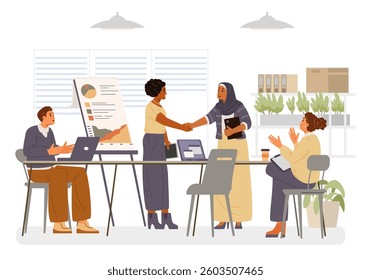 Diverse business group on a meeting making a deal and applauding flat vector illustration. Arabian and African American women shaking hands in the office.
