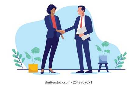 Diverse business handshake - Professional corporate man and woman characters shaking hands at work in office smiling over deal and agreement. Flat design vector illustration on white background