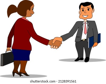 Diverso apretón de manos en el negocio - Dos hombres y mujeres estrechando la mano en el trabajo. acuerdo en un contrato de negocios contrato de enlace corporativo final de reunión de nueva ilustración vectorial de concepto de cliente o empleado