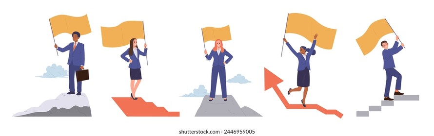 Diverse business leaders cartoon characters set holding flags celebrating goal achievement