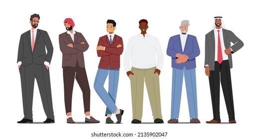 Diverse Business Men Stand in Row. Confident Male Character Caucasian, African, Indian or Pakistan, Asian Ethnicity Wear Formal Clothes Isolated on White Background. Cartoon People Vector Illustration