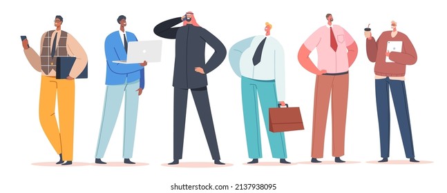Diverse Business Men Stand in Row. Confident Male Character Caucasian, African, Indian, Arab or Asian Ethnicity Wear Formal Clothes Isolated on White Background. Cartoon People Vector Illustration