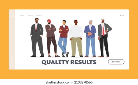 Diverse Business Men Stand in Row Landing Page Template. Confident Male Character Caucasian, African, Indian or Pakistan, Asian Ethnicity Wear Formal Clothes. Cartoon People Vector Illustration