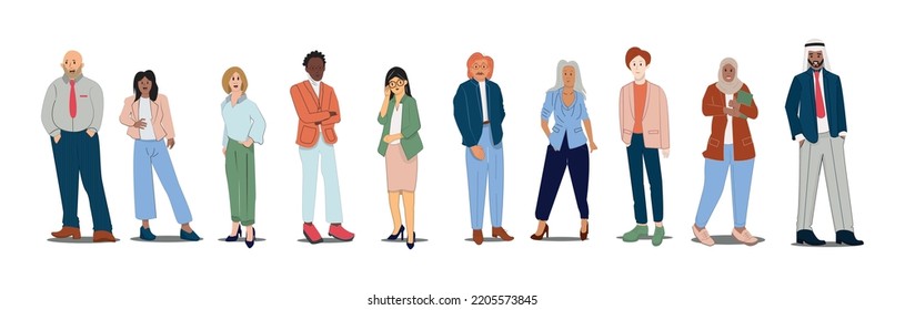 Diverse Business Men and Women Wear Formal Clothes Stand in Row. Confident Male and Female Characters Caucasian, Arab, African, Indian or Pakistan, Asian Ethnicity. Cartoon People Vector Illustration