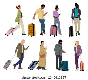 Diverse business people in casual outfit standing with suitcase, phones, luggage, waiting for departure. Business travel concept. Flat colorful vector illustration isolated on white background.